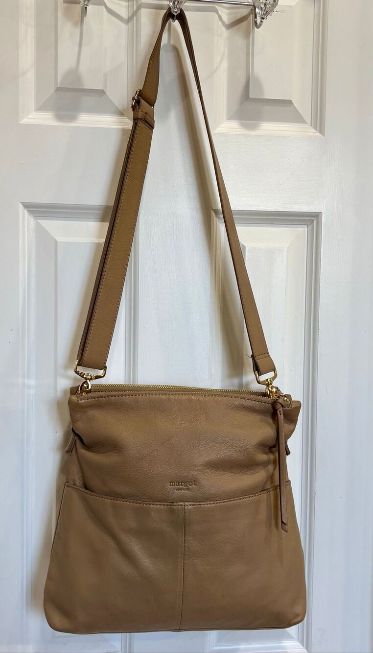 MARGOT New York - "Robbie" All Leather Foldover Crossbody/Shoulder Bag/Taupe-Tan